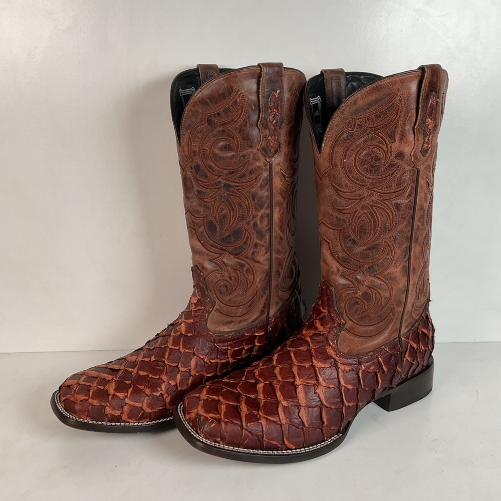 J. B. Dillon Exotic Pirarucu Cowboy Boots | Big Bass | Square Toe | 11 EE